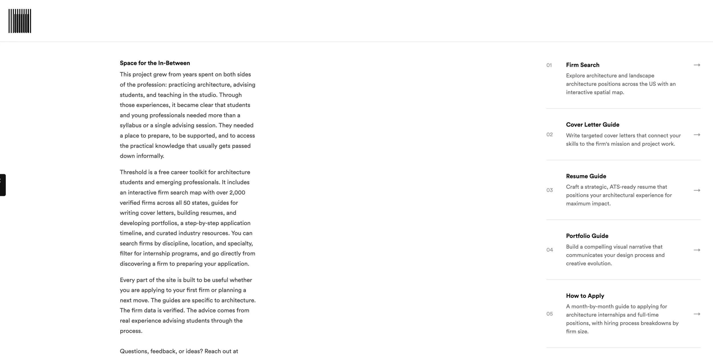 Threshold — About page with Space for the In-Between essay and numbered toolkit